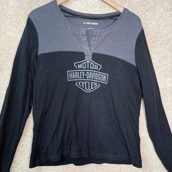 HARLEY-DAVIDSON Henley Shirt Women's Large Black Logo Long Sleeve Biker Moto - Picture 2 of 5